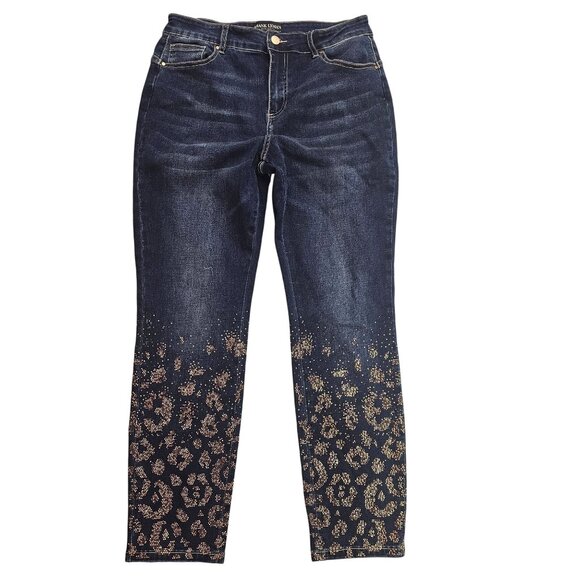 Frank Lyman Womens Denim Jeans With Gold Leopard Print Design L/G - Picture 1 of 7